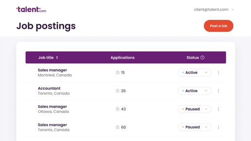 screenshot of a Talent.com dashboard showing active and paused campaigns