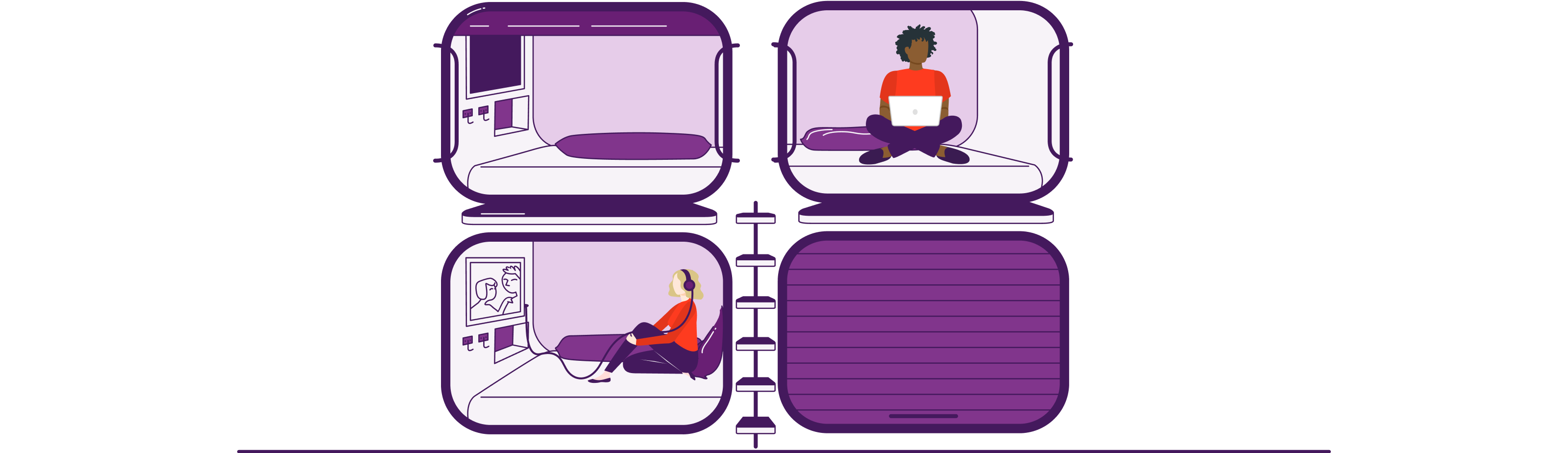 illustration showing employees working, sleeping and playing video games in designated pods. 