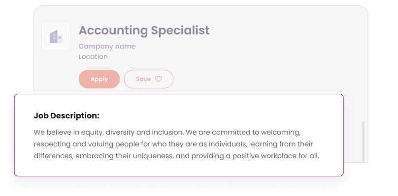 A screenshot of a job posting on Talent.com for an Accounting Specialist position. The job description goes as follows: We believe in equity, diversity and inclusion. We are committed to welcoming, respecting and valuing people for who they are as individuals, learning from their differences, embracing their uniqueness, and providing a positive workplace for all.  