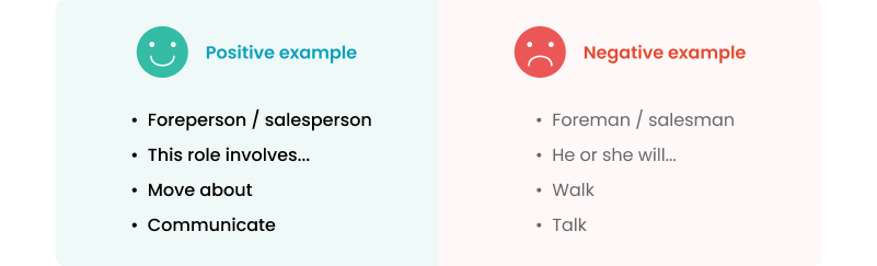 A side-by-side comparison of inclusive language (foreperson, salesperson, move about, communicate) and non-inclusive language (foreman, salesman, walk, talk) 